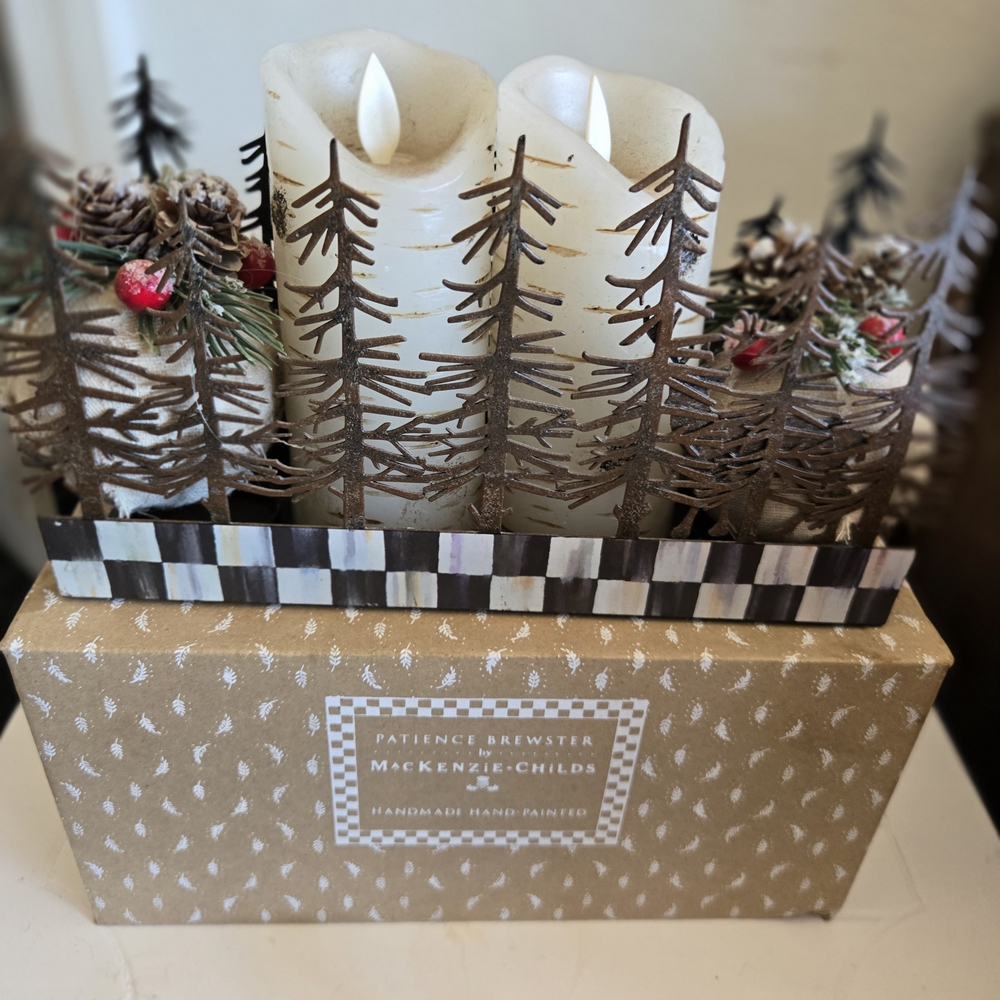 MacKenzie-Childs Winter Candle Holder with White and Brown Accents